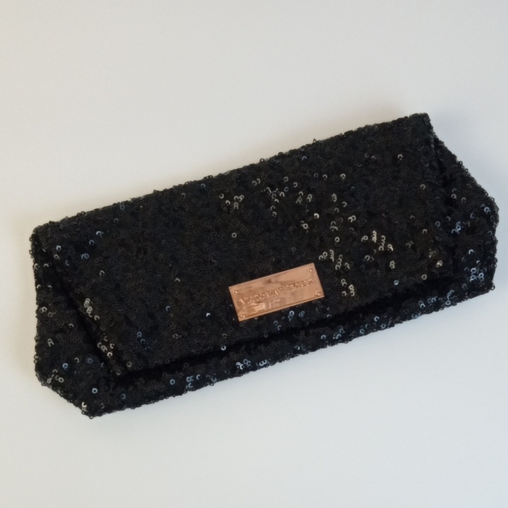 👜 Black Sequin Fold-Over Clutch with Rose Gold Logo Plaque